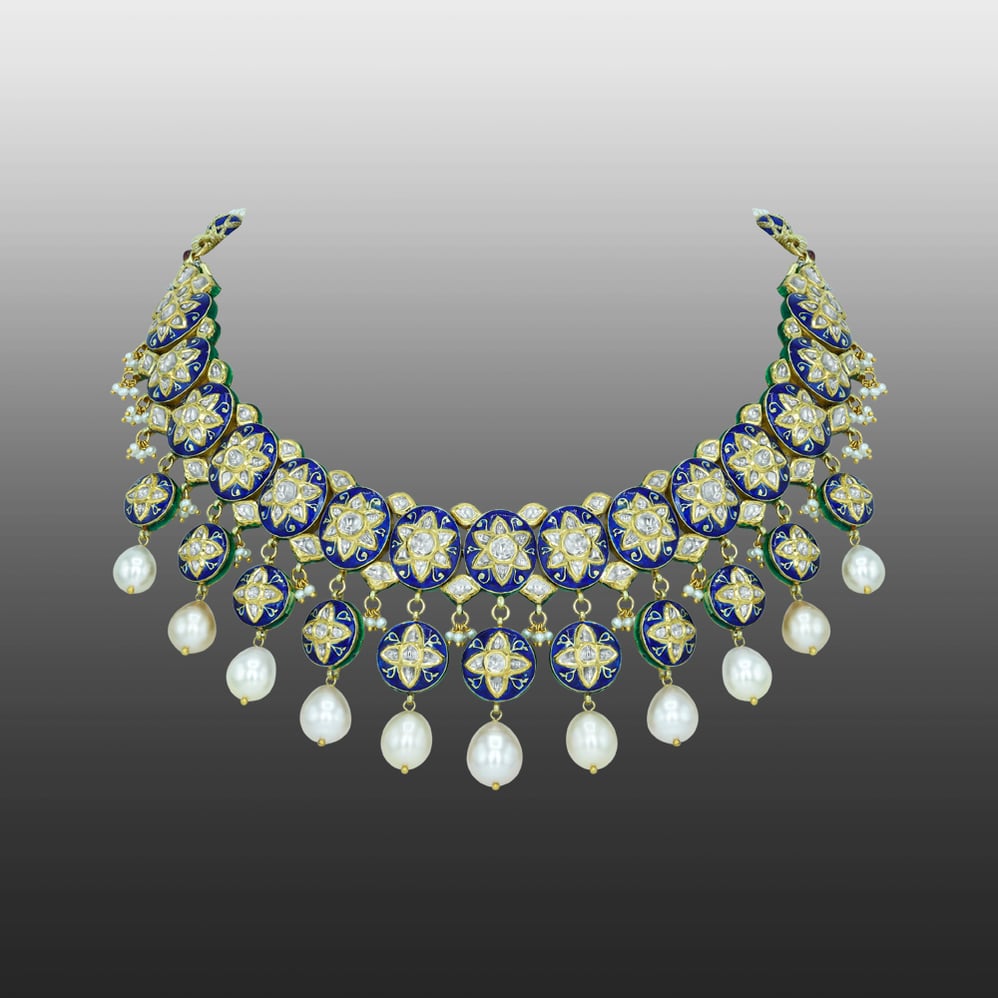 Pearl-Draped Polki Necklace with Blue Enamel Floral Motifs